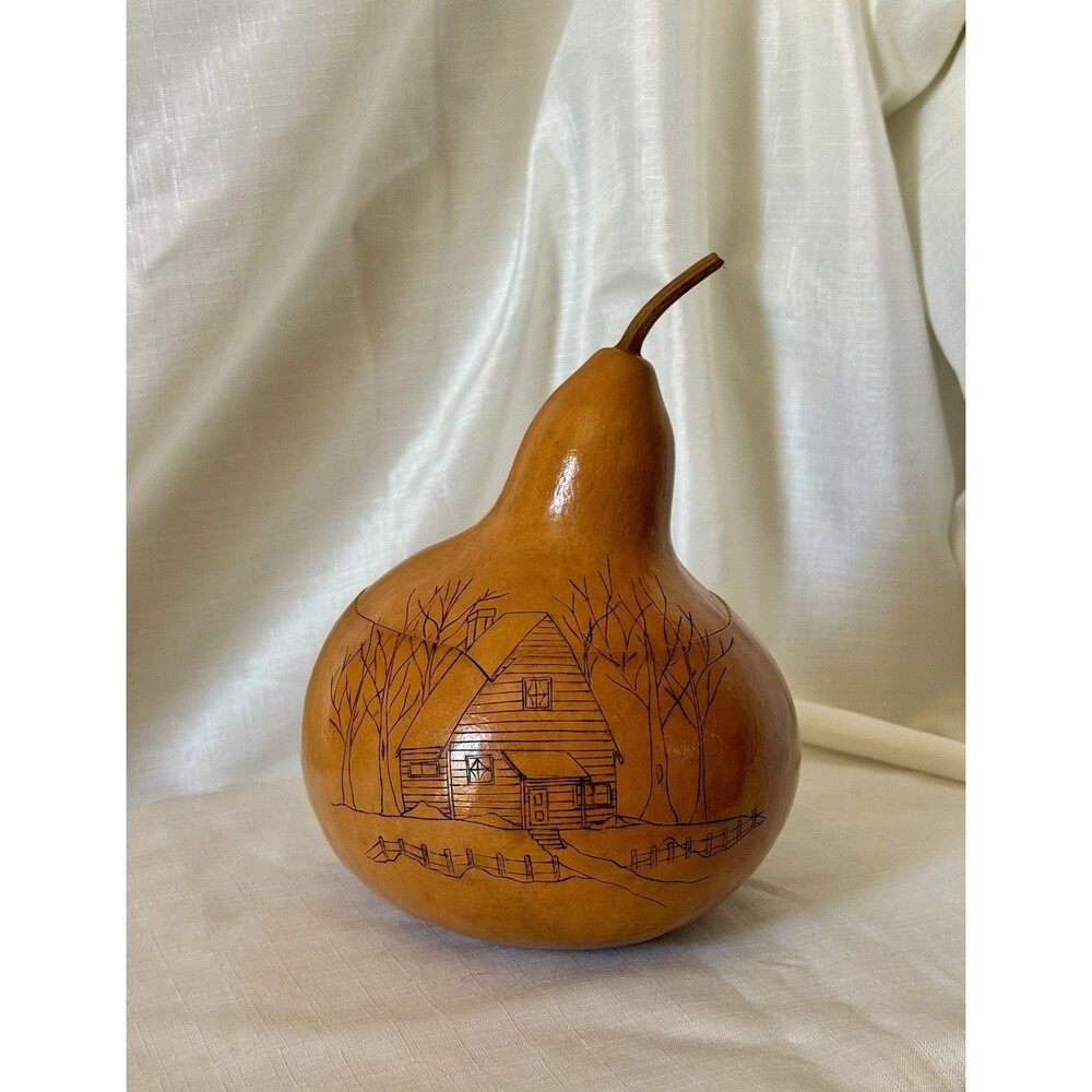 Vintage Folk Art Gourd Box Pyography Scene Hand Crafted 1970s Primitive Decor
